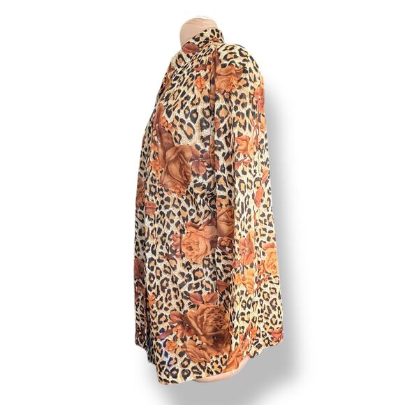 Vintage Leopard Rose Dark Floral Animal Print Button Up Sheer Blouse Plus 2X USA - Picture 4 of 11